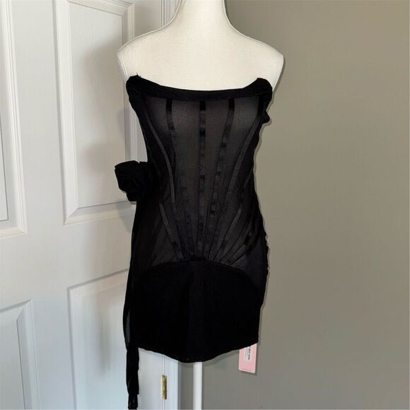 Micas Women's Sheer Black Corset Draped Mini Linguine Dress with Flower Detail M - Picture 1 of 11